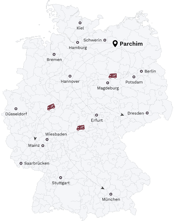 Deutschlandkarte mit dem Einsatzgebiet des Fugenbetriebs Lübzer